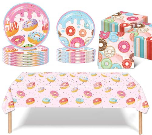 JUNBAOYYDS Donuts Vajilla Fiesta, Platos de Vajilla de Fiesta Temática Postre Rosa,para fiestas, cumpleaños infantiles, vajilla de cartón, vasos de pape