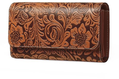 GOIACII Women's Wallet RFID Blocking Long Clutch Ladies Purse Vegan Leather Embossed Flower Brown