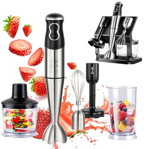 Mezcladora de mano, 5 en 1 Mezcladora de palo eléctrico Procesador de alimentos con palo de mezcla, batidor, triturador de 600ml, vaso de 700ml y soporte, dos control de velocidad