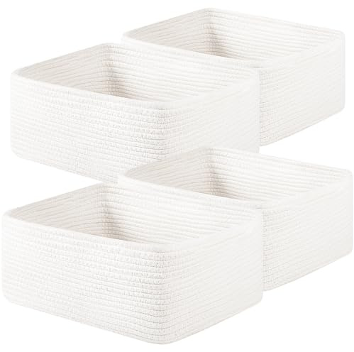 OIAHOMY 4 Pack 14.17 * 11.02 * 6.3IN Storage Baskets for Organizing Shelves, Woven Rope Baskets for Organizing Books, Clothes, Decorative Basket for Living Room, Nursery, Bedroom, Gift Basket, White
