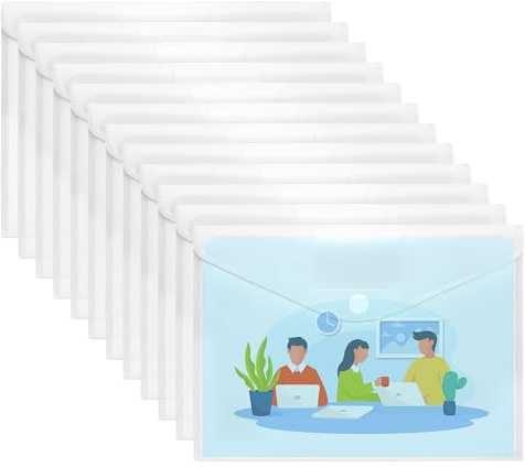SUNEE 12 Pack Plastic Envelopes, Clear Folders for Document for A4 Letter Size, Poly File Folders with Label Pockets for School Home Office Organizer Work Supplies
