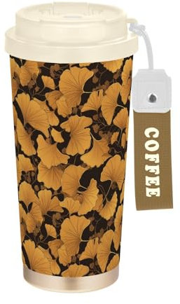 Yuiboo Ginkgoi, bicchieri da caffè da viaggio da donna, con coperchio, in acciaio inox, per bevande calde e fredde, 500 ml, a prova di perdite