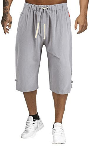 Pantaloncini a 3/4 da uomo in lino a tre quarti da uomo con elastico in vita pantaloni corti estivi con coulisse da spiaggia pantaloni da jogging casual in cotone pantaloncini da yoga fitness joggers