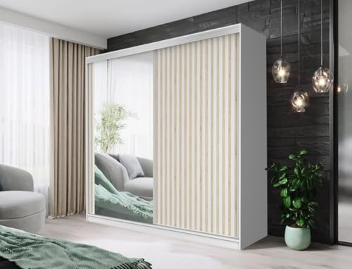 SFHI-Kingsotn Sliding Mirror Door Wardrobe – Modern Bedroom Closet with Shelves, Hanging Rails & Drawers – Available in 150-180-203 and 250cm – White, Grey, Oak, or Black (White, 150cm)