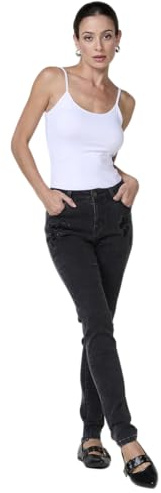 Koroshi Jeans de Mujer Slim fit Negro elástico con Efecto Doble Push up, Cinco Bolsillos y Bordado Frontal con Brillos., de Color Black Denim, Talla 42