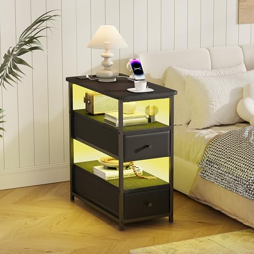 LieABak Smalt nattduksbord med 2 lådor, sidobord med LED och USB, soffbord med grenuttag, nattduksbord för små rum vardagsrum sovrum (svart)