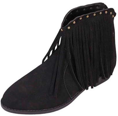 Botines para mujer 2026 con borlas y tachuelas, puntera puntiaguda, botines cortos sólidos de moda, tacón cómodo para uso formal casual, Black, 37 EU