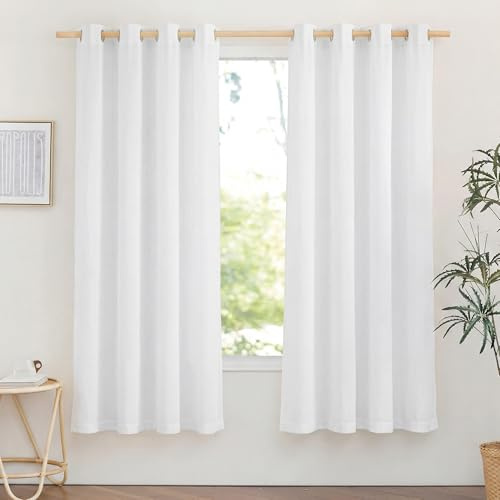 PONY DANCE Kurze Gardinen Halbtransparent Vorhang Leinen Küche/Schlafzimmer | Weiß,2er Set,H160 x B140 cm,Boho Gardinen Leinenoptik mit Ösen,Leinenvorhang Landhaus Badezimmer Fenster,Linen Curtains