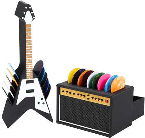 Gitarrenplektrum-Aufbewahrungsbox, Plektrum-Displayhalter, Plektrumhalter im Amp-Lautsprecher-Design und V-förmiger Gitarrenplektrumhalter, Plektrum-Aufbewahrungsbox-Set