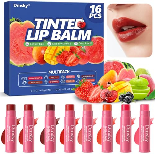 Dmsky 16 Pack Fruity Tinted Lip Balm Bulk,3-In-1 Moisture,Repair and Color Lip Tint Stain,8 Assorted Flavors Lip Balms & Moisturizers Bulk Gifts for Women,0.15 OZ Natural Lip Balm Tinted with Beeswax
