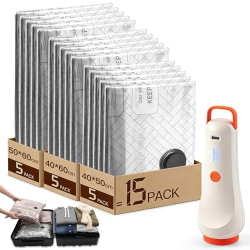 Reise Vakuumbeutel für Kleidung mit Kabellose Pumpe, 15 Stück Vakuumierbeutel (5 * 40x50cm, 5 * 40x60cm, 5 * 50x60cm) Vakuum Beutel, Elektrischer Vakuumpumpe & Vacuum Storage Bags for Clothing Travel
