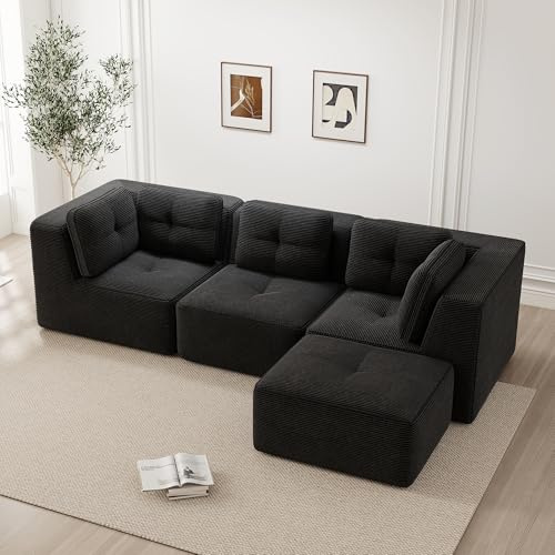 HAUSPROFI Sofa Mit Schlaffunktion, Boneless Couch, U-förmiges Modulares Ecksofa Mit Ottomane, Geeignet Für Wohnzimmer, Dreisitziges Cord Sofa Mit Tiefer Sitzfläche, Keine Montage Erforderlich, Schwarz