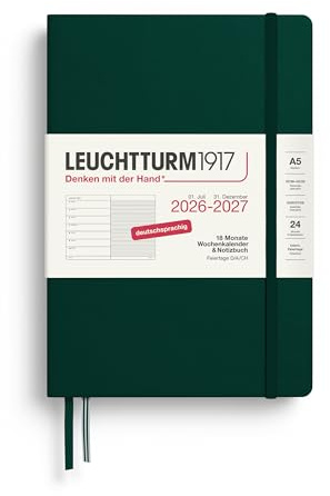 LEUCHTTURM1917 Veckokalender 2027 A5 med anteckningsbok, linjerad, mötesplanerare tyska, 18 månader juli 2026 – december 2027, skogsgrön, inbunden 210 x 145 mm, veckoöversikt vänster + anteckningssida