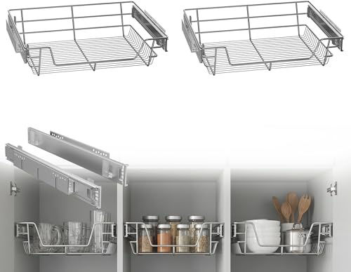 HENGMEI Teleskopschublade 2x60cm Ausziehbare Küchenschublade Metall Vollauszug, Schrankauszug Korbauszug Schubladeneinsatz Nachrüsten für Spülschrank Für 60 cm Außenbreite Küchenschrank, Silber