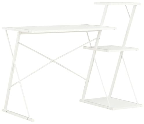 GeenYuu Bureau avec étagère Blanc 116x50x93 cm en Bois d'ingénierie et Acier, Poste de Travail Compact pour Ordinateur, télétravail, étude, Rangement dossiers et Espace Gamer