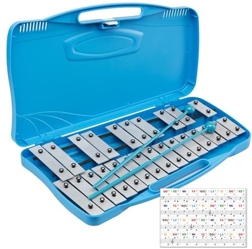 ffalstaff Metallofono con 25 Piastre argentate | custodia rigida Blu con maniglia incorporata | due battenti inclusi con lo strumento | Adesivi con notazione Italiana
