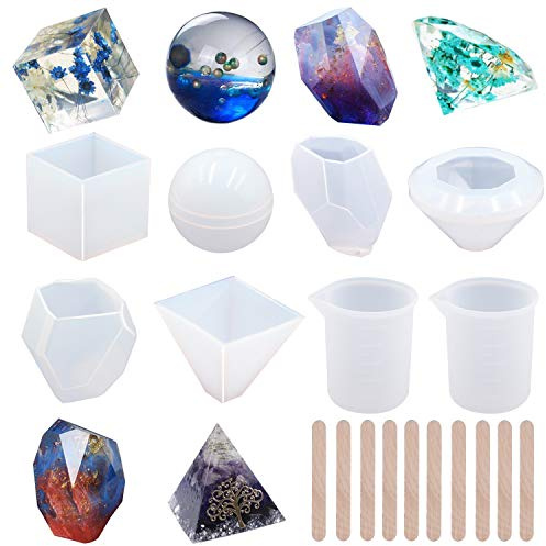 EuTengHao 18 Stück DIY Silikon Harz Gussformen Werkzeuge Set enthält 6 Harz Gussformen Große klare Silikon Formen 2 Messbecher 10 Holzstäbe für DIY Home Dekoration