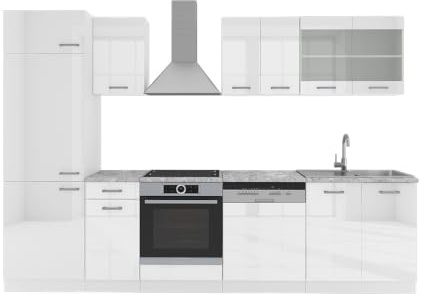 Vicco Küchenzeile R-Line, Weiß Hochglanz/Weiß, 300 cm | 8 Module · Höhenverstellbare Füße · Ohne Arbeitsplatte · Robuste Fronten · Mit Kühlschrankumbauschrank