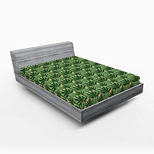Ambesonne Banana Leaf Fitted Sheet, Overlapping Windmill Palm Trees and Leaves Pattern, Bed Cover with All-Round Elastic Deep Pocket for Comfort, Queen Size, Pale Yellow Jade Green
