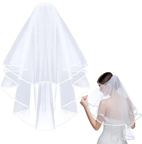Snowtain Velo para Novias,2 Niveles de Novia Velo para Boda Fiesta Decoración Ducha Nupcial,Borde de Cinta, Largo al Codo, 60-80 Cm/23-31 Pulgadas