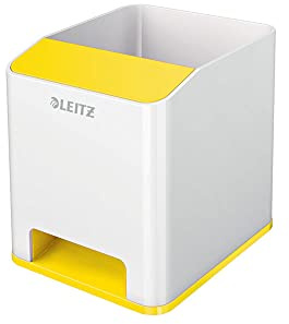 Leitz Sound Stifteköcher mit Soundverstärkungsfunktion, Stiftehalter inkl. Smartphone Fach mit Soundverstärkungsfunktion, Weiß/Gelb, Duo Colour, WOW, 53631016