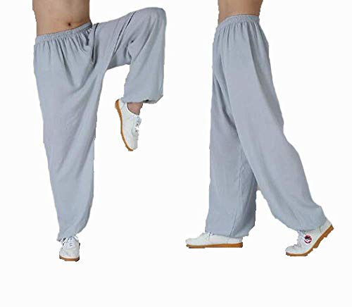 Tai Chi Kleidung Damen，Frau Und Männer Tai Chi Hosen Bambus Hanf Wu Shu Kung Fu Kleidung Weiche Bequeme Atmungsaktive Yoga-Ausrüstung Kampfkunst Zen Meditation Traditionelle Wing Chun Uniform,Grey-XXL
