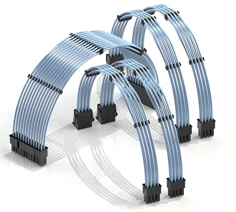 LINKUP - 30cm Netzteilkabelverlängerung 18AWG Sauerstofffreies Kupfer Teflonmantel Custom Mod GPU PC mit Kamm-Kit | 1x 24 P (20+4) | 2X 8 P (4+4) CPU | 2X 8 P (6+2) GPU Set | 300mm - Blau