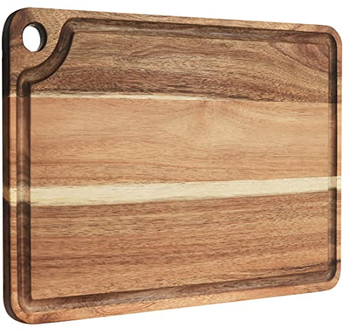 AZRHOM Large Acacia Wood Cutting Board for Kitchen, Butcher Block for Meat and Cheese, Chopping Board with Hanging Hole and Groove 18x12 Inch