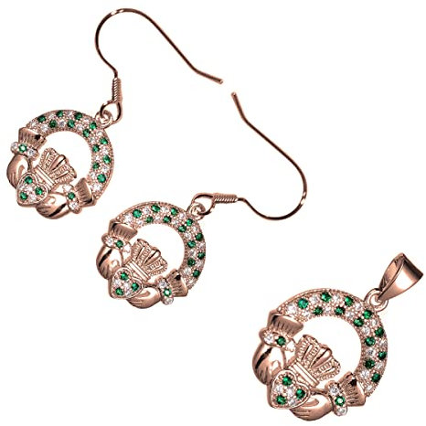 GWG Jewellery 18K Roségold plattierte Schmuckset, Anhänger-Halskette und Ohrringen, Claddagh Ring mit Smaragdgrünen Steinen besetzt in Geschenkbox für Frauen