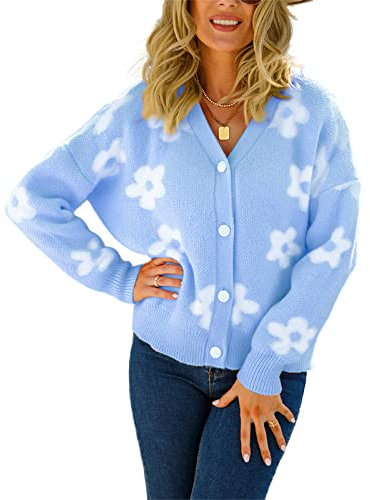 HEYPORK Damen Herbst Winter Warm Bequem Jacke Casual Mode übergangsjacke Mantel Frauen Herbst/Winter Strickjacke mit Blumen Kaschmirjacke(Blau, XL)