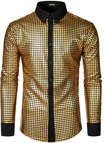 JOGAL Herren Langarm Pailletten Kleid Glitzer Hemd 70er Disco Party Kustüm Gold XX-Large