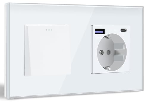 BSEED Interruptor de Pared con Enchufe USB C 20W,1 Gang 2 Vías Interruptor Conmutador+Schuko Enchufe con Cargador Rápido USB Tipo C,Blanco