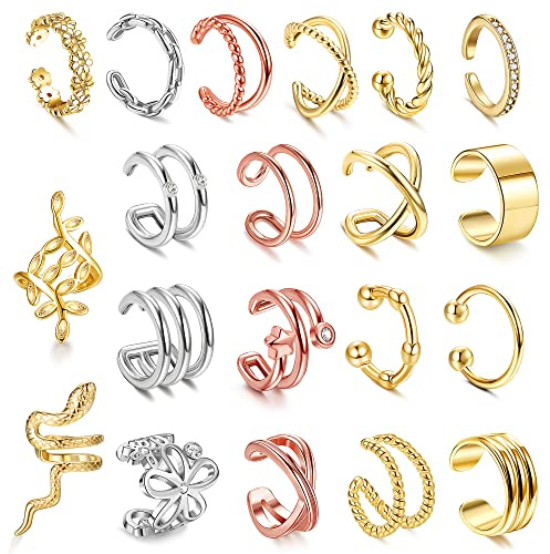 ORAZIO 20 pezzi polsini regolabili non piercing finto cartilagine orecchini polsino foglia fiore serpente polsino orecchini set per donne, Lacca Zirconia cubica in metallo