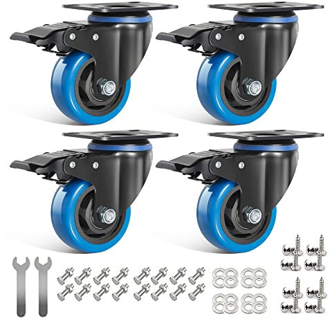 IQWTU 75MM Furniture Castors Heavy Duty Castor Wheels with Brakes, Double Bearing PU Trolley Wheels Rubber Swivel Castor, 4 Industrial Plate Casters Capacity 500KG