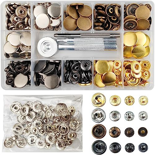 TmppDeco 90 Sets 17mm Brass Snap Fastener Kit with 4 Setting Tools, 4-Color Press Studs No Sewing Snap Buttons for Sewing, Clothes, Jackets, Leather, Jeans Wears, Bracelets, Bags