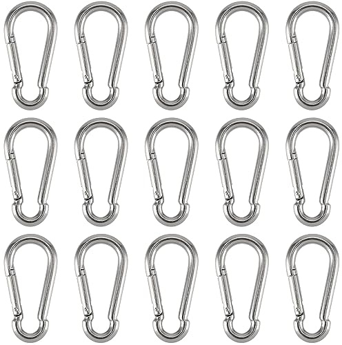 15 Stücke Edelstahl-Karabinerhaken, 5 mm x 50 mm - Kleine Karabiner mit Schnappverschluss (Springverschluss) für Schlüsselanhänger, Camping, Hängematten, Hundeleinen