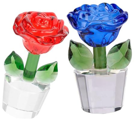 Garneck Kristallrosenfigur 2 Stück Glasblume Ornament Deko für Valentinstag Jahrestag Hochzeit Muttertag Freundin Ehefrau Blau Rot
