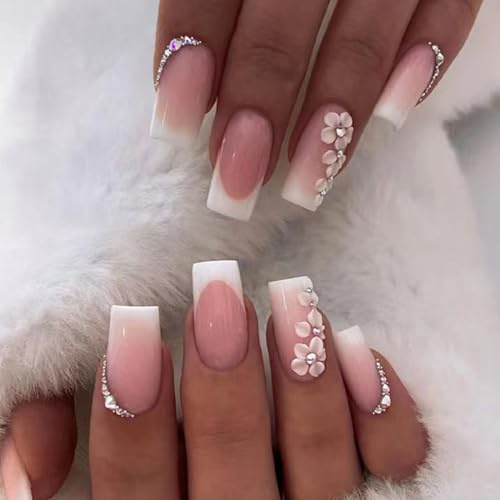 Ceboic 24 Stück Press on Nails Mittel, Eckig Nägel zum Aufkleben French Rosa Weiß Blumen Design Künstliche Nägel, Square Full Cover Kunstnägel mit Strass Acryl Fingernägel Falsche Nägel für Frauen