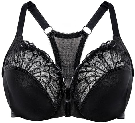 MELENECA Women's Racerback Front Fastening Lace Unlined Plus Size Underwire Bra Black 46G