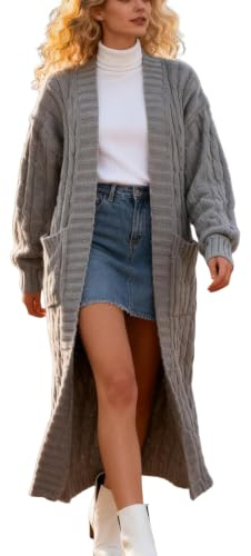 Shuanghao Women's Winter-Warm Fashion-Casual New-Sexy Sweater-Cardigan - Loose Long Sleeve Solid Color Oversized V- Neck Lightweight Cotton Knitwear Chunky Ribbed Pocket Long Coats Ladies UK