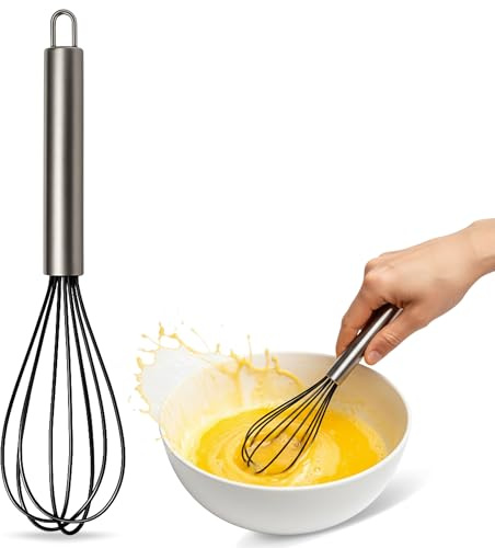 CHEFZOCO Batidor manual, Varillas de batir, Mezclador manual, Batidor de cocina, Batidor de huevos, Apto para Mezclar, Revolver la Masa, Huevos, Longitud 25 cm, Silicona y Acero inoxidable, Negro