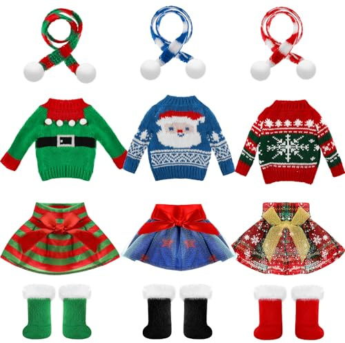 12 Pcs Christmas Doll Accessories Clothes Christmas Doill Costume Mini Outfit Include Knitted Sweater Skirt Scarf Snow Boots for Xmas Decor (Exquisite)