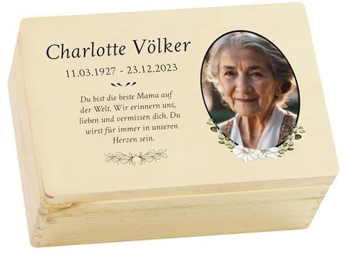 LAUBLUST Trauer Erinnerungsbox - Trauerkiste Personalisiert mit Name, Wunschtext oder Foto | Erinnerungsbox Verstorbene - Holzkiste Natur, FSC® (Blumen Motiv, ca. 30 x 20 x 14 cm | M)