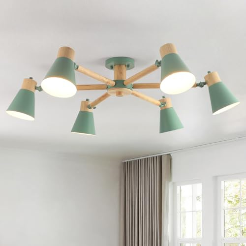 Schindora Deckenlampe Grün 6-Lichter,Holz Und Eisen Deckenleuchte Esstisch Ø82Cm E27 KüChe Lampe Verstellbare Licht Arme Modern Lampe Wohnzimmer For Home Schlafzimmer Esszimmer