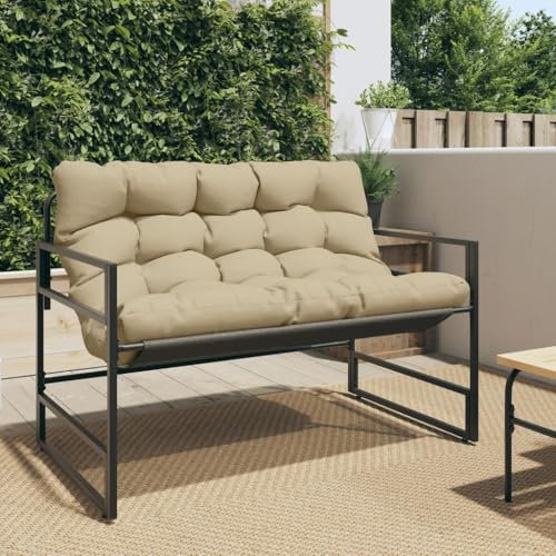 Homgoday Gartenbank mit Kissen Sitzbank Balkonbank Parkbank Ruhebank Terrassenbank Relaxbank Gartenmöbel Bänke für Garten Terrasse Balkon Taupe 113 cm Stahl