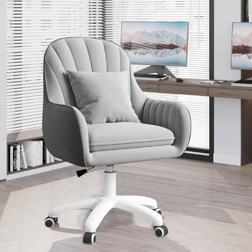 Aivermeil Homeoffice Stuhl, SamtStuhl mit Kopfkissen, 360° drehbar Höhenverstellbar Bürostuhl ergonomisch, Schminkstuhl Drehstuhl，für Arbeitszimmer Schlafzimmer,bis 120kg belastbar Grau