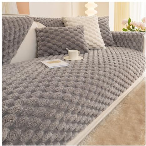 Funny Fuzzy Rutschfester Sofabezug, dicke Plüsch-Schonbezüge für 3-/2-/1-/4-Sitzer-Sofas, L-förmiges Design, Sofaschoner von Haustieren, Wabenmuster, Samt, Grau, 90 x 90 cm