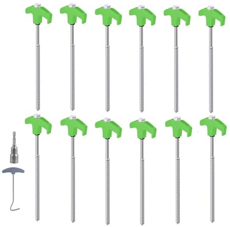 Naisfei Lot de 12 piquets de tente rotatifs avec filetage - 8 x 250 mm - Sardines stables pour camping et extérieur - Accessoires de tente - Vis pour sol, forêt, prairie (vert + argent)