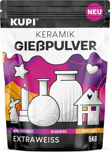 KUPI Keramik Gießpulver Weiß 5kg | Gips zum Gießen Lufthärtend & Geruchlos | Gießmasse für Silikonformen | Reliefgießpulver Weiß Keramikpulver Gipspulver 3/1 mix