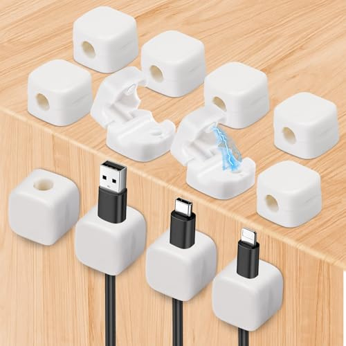 Alaoo 12pcs Organizer a Clip per Cavo, Magnetico Cavo Clips,Bianco | Cable Organizer Adatto, Cavi Autoadesivi Supporto Clip, per Cavi per TV PC Casa Ufficio